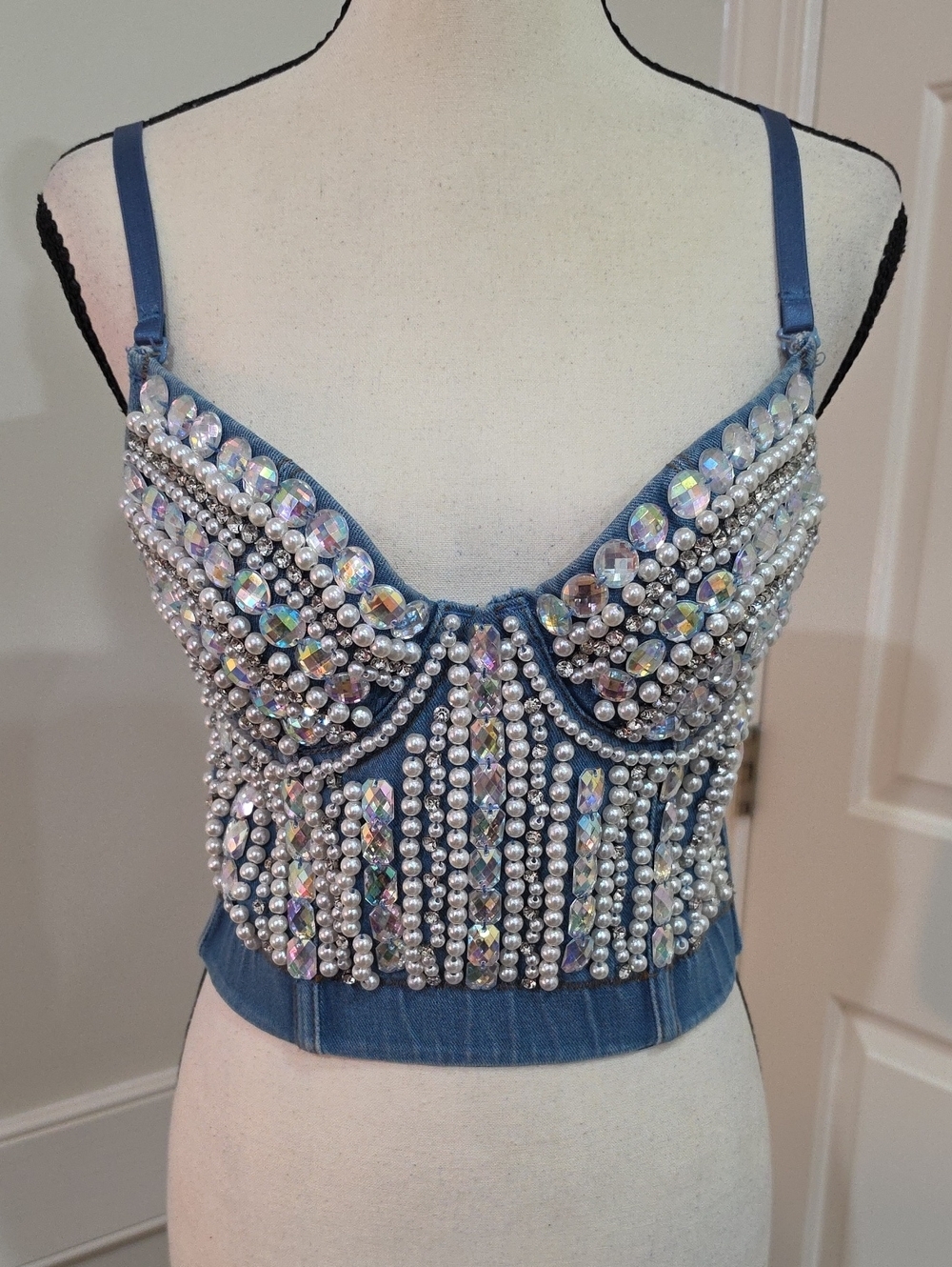 Lydia USA Pearl & Rhinestone Embellished Denim Bustier Top - Size M